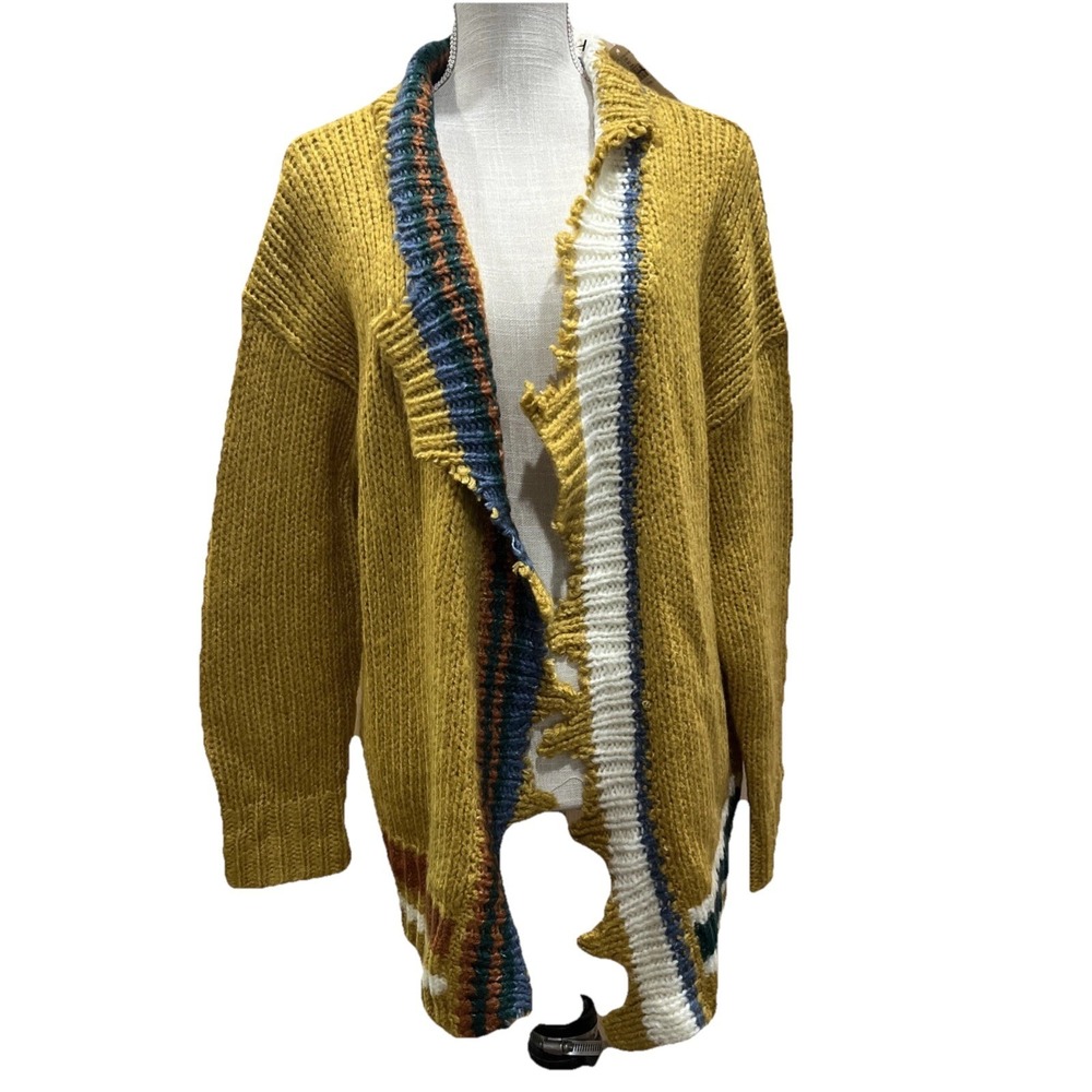 NWT BKE Open Front Chunky Knit Cardigan Womens XL Boho Cozy Fringe Mustard Strip